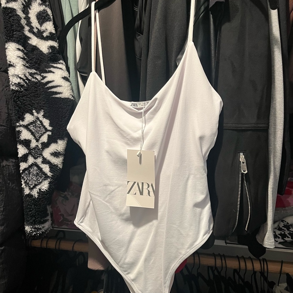 ZARA White Spaghetti Strap Bodysuit with Scoop Neck